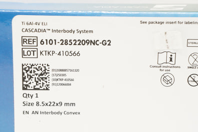 K2M 6101-2852209NC-G2 Cascadia Interbody System 8.5 x 22 x 9mm